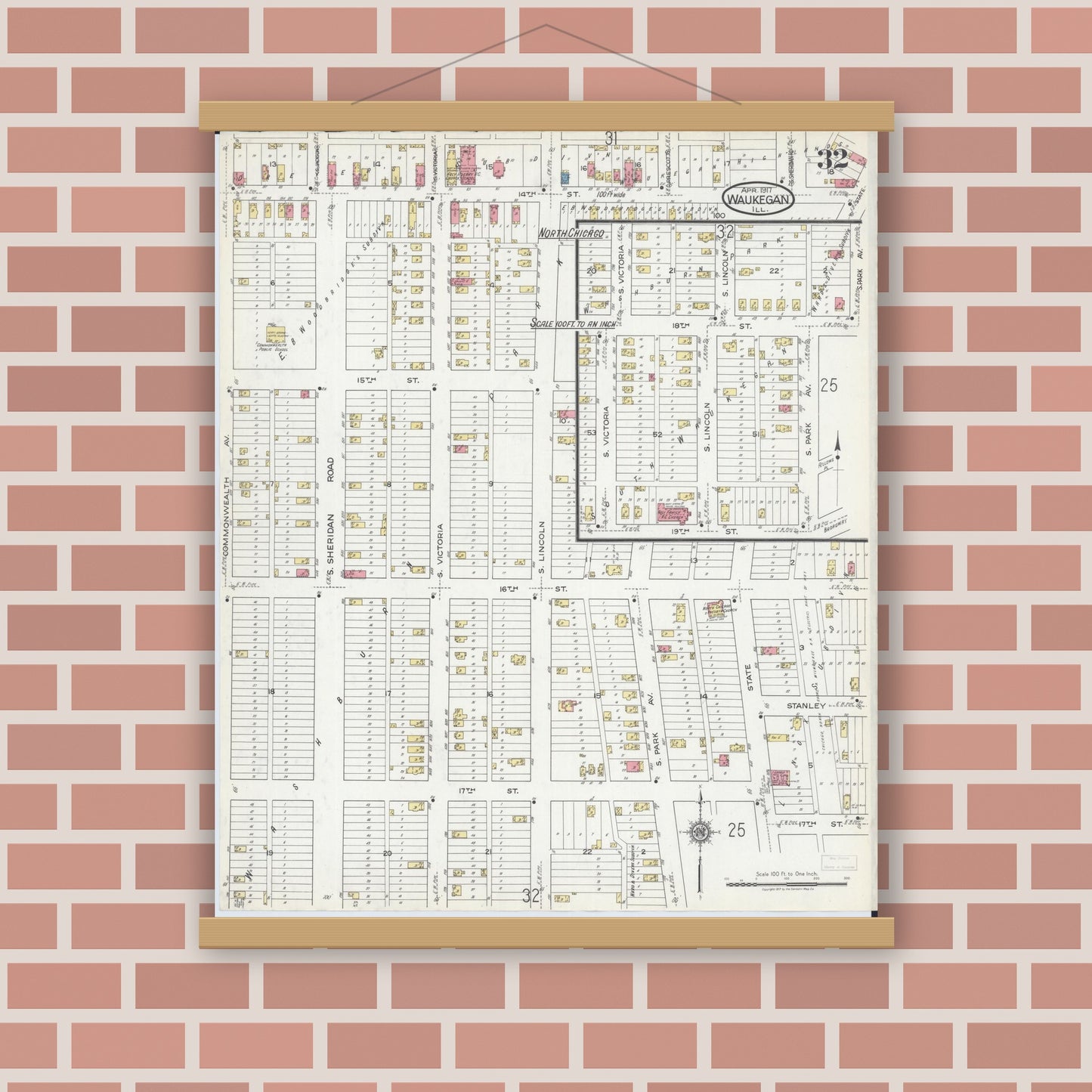 Old map wall art mockup — magnetic wood frame on brick wall — Sanborn Fire Insurance Map from Waukegan, Lake County, Illinois (1917), Sheet #0032