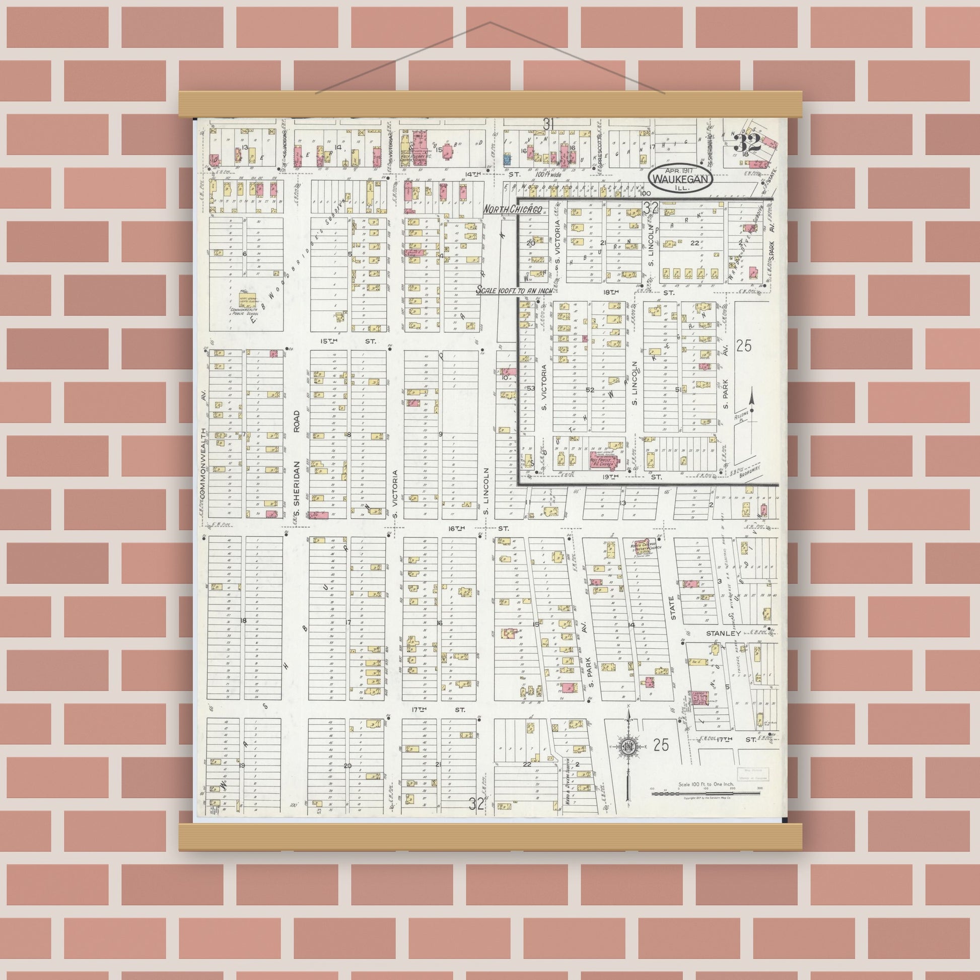Old map wall art mockup — magnetic wood frame on brick wall — Sanborn Fire Insurance Map from Waukegan, Lake County, Illinois (1917), Sheet #0032