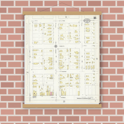 Old map wall art mockup — magnetic wood frame on brick wall — Sanborn Fire Insurance Map from Brainerd, Crow Wing County, Minnesota (1913), Sheet #0018
