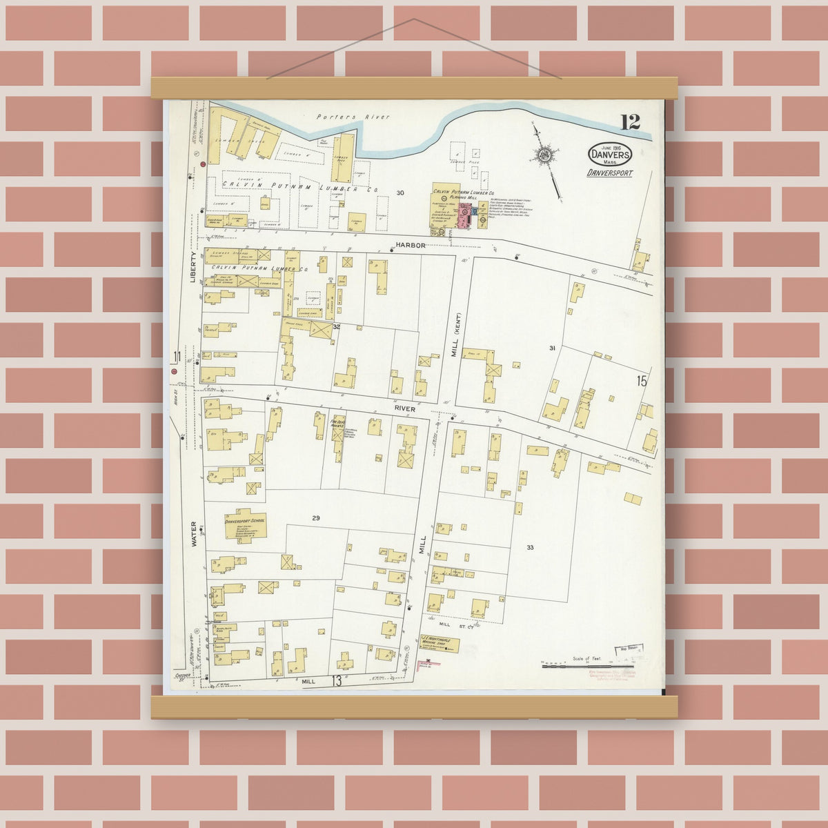 Old map wall art mockup — magnetic wood frame on brick wall — Sanborn Fire Insurance Map from Danvers, Essex County, Massachusetts (1916), Sheet #0012
