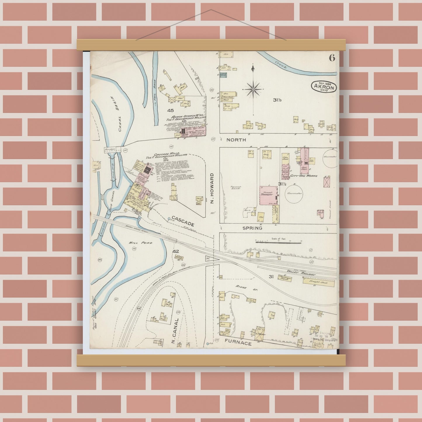 Old map wall art mockup — magnetic wood frame on brick wall — Sanborn Fire Insurance Map from Akron, Summit County, Ohio (1886), Sheet #0006
