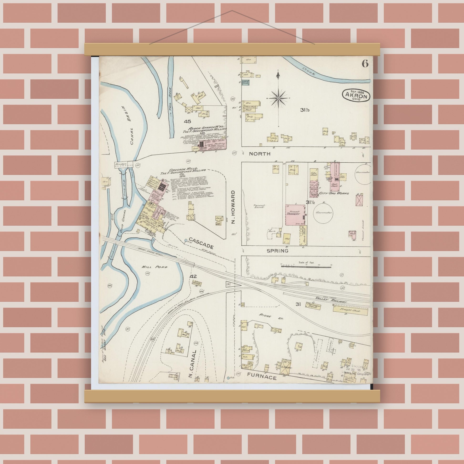 Old map wall art mockup — magnetic wood frame on brick wall — Sanborn Fire Insurance Map from Akron, Summit County, Ohio (1886), Sheet #0006