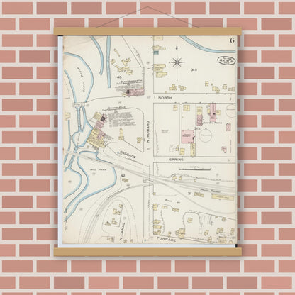 Old map wall art mockup — magnetic wood frame on brick wall — Sanborn Fire Insurance Map from Akron, Summit County, Ohio (1886), Sheet #0006