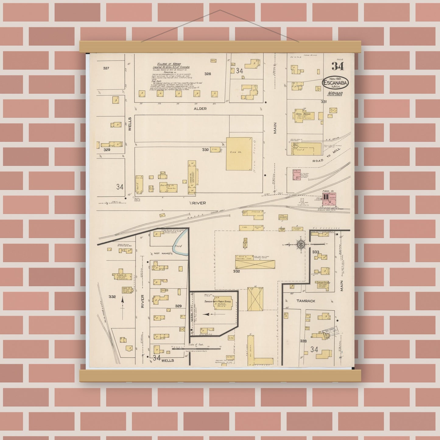 Old map wall art mockup — magnetic wood frame on brick wall — Sanborn Fire Insurance Map from Escanaba, Delta County, Michigan (1921), Sheet #0034