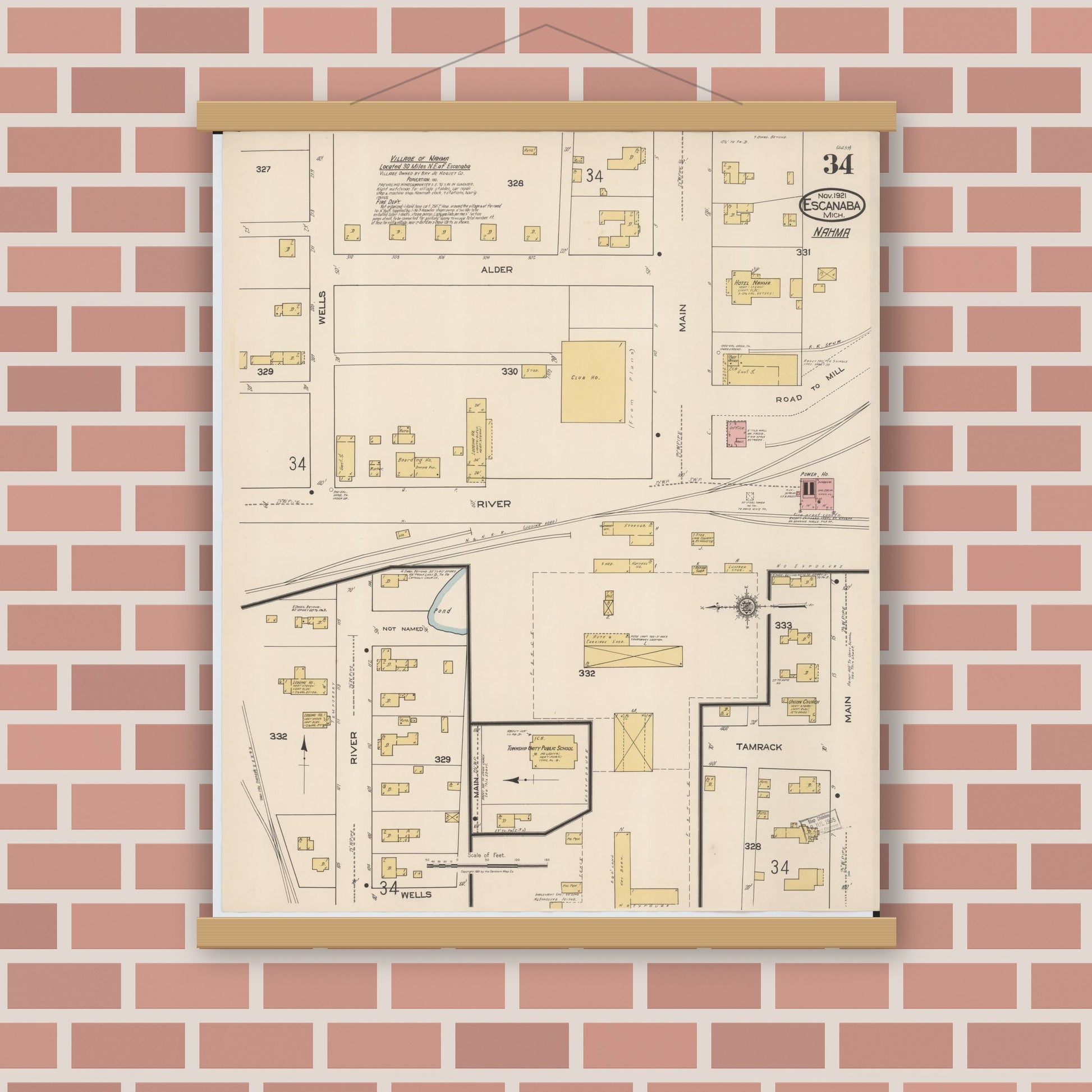 Old map wall art mockup — magnetic wood frame on brick wall — Sanborn Fire Insurance Map from Escanaba, Delta County, Michigan (1921), Sheet #0034