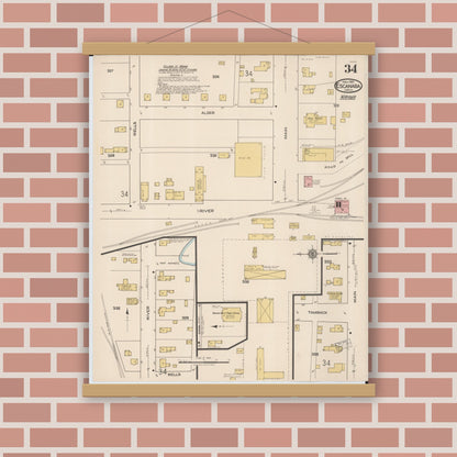 Old map wall art mockup — magnetic wood frame on brick wall — Sanborn Fire Insurance Map from Escanaba, Delta County, Michigan (1921), Sheet #0034