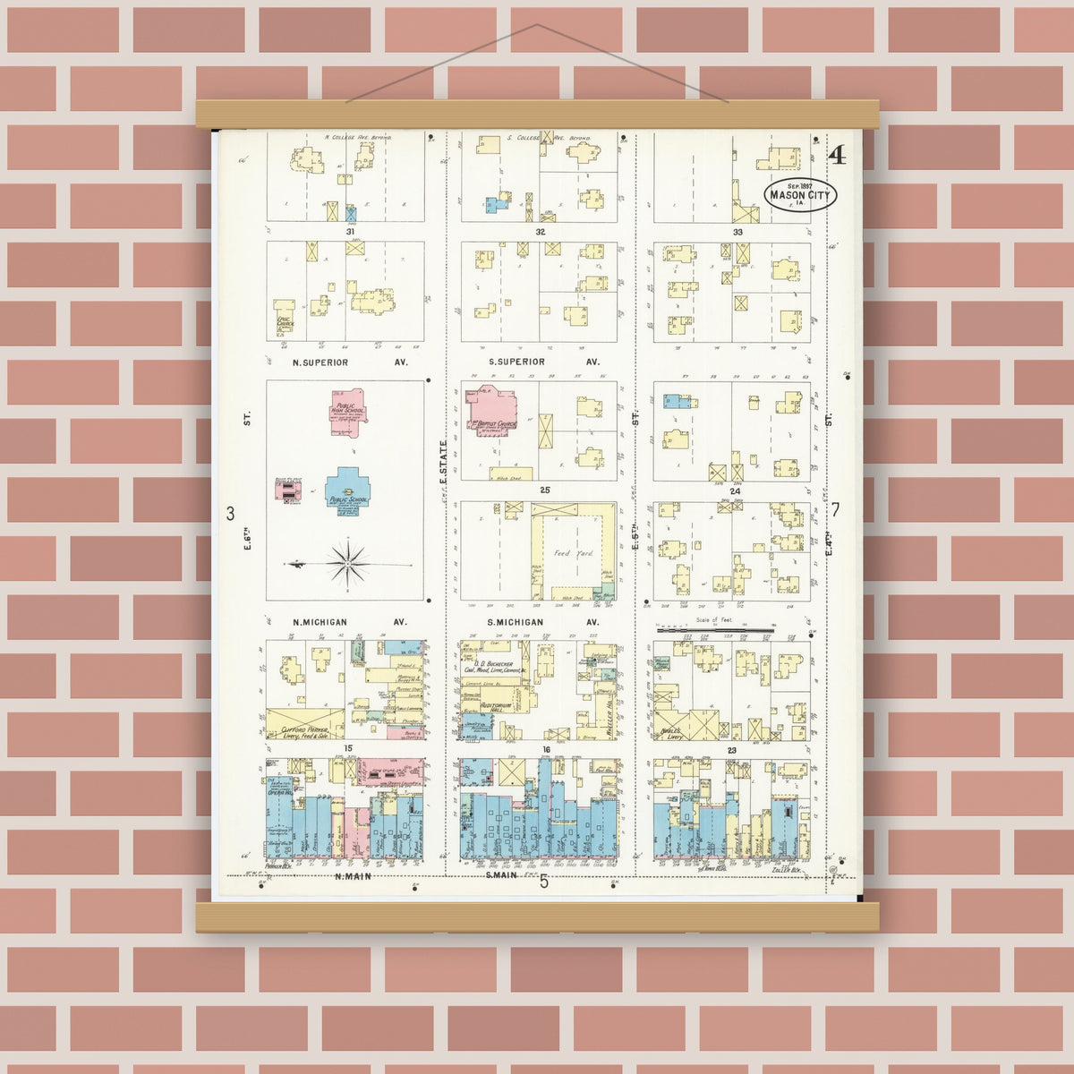 Old map wall art mockup — magnetic wood frame on brick wall — Sanborn Fire Insurance Map from Mason City, Cerro Gordo County, Iowa (1897), Sheet #0004