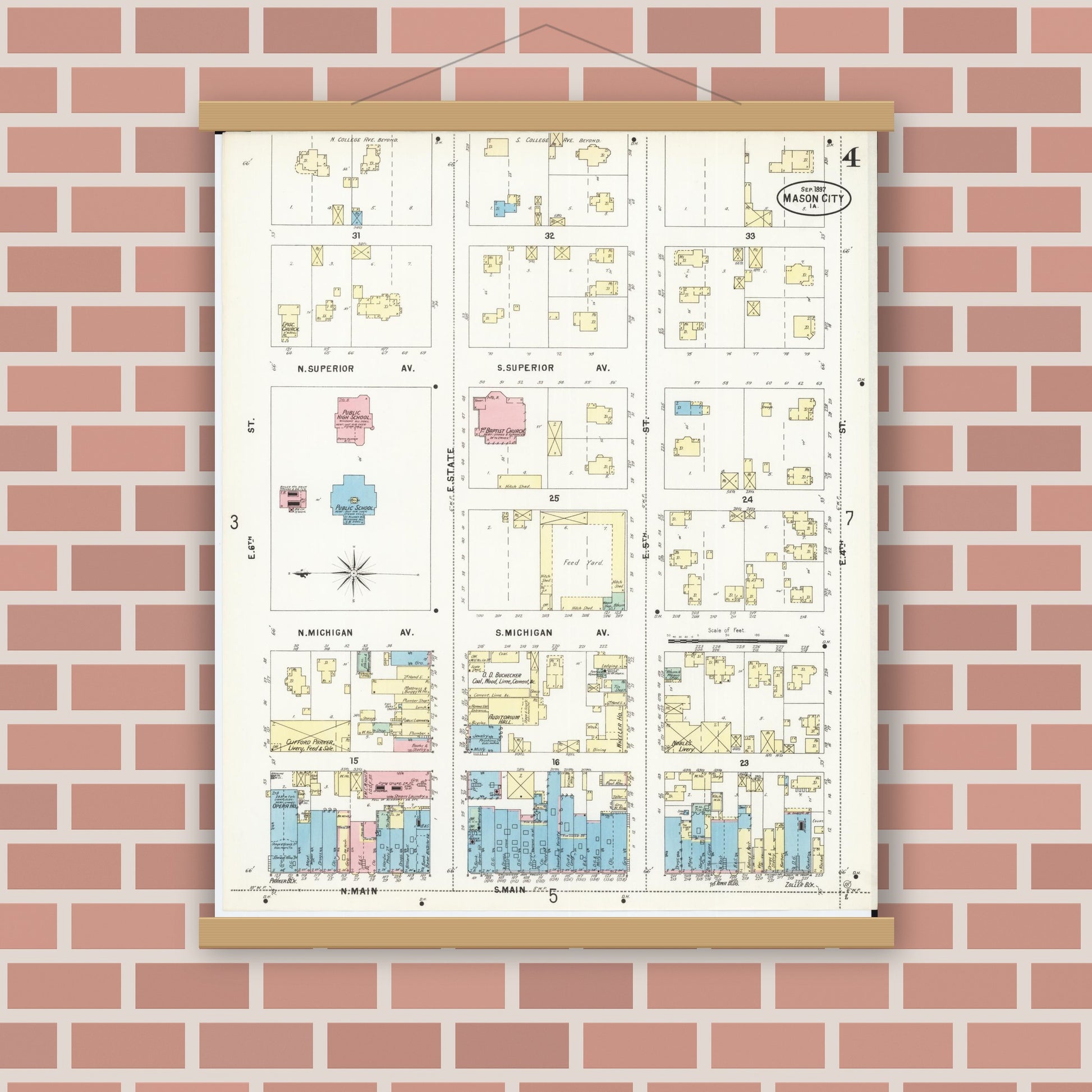 Old map wall art mockup — magnetic wood frame on brick wall — Sanborn Fire Insurance Map from Mason City, Cerro Gordo County, Iowa (1897), Sheet #0004