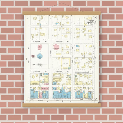 Old map wall art mockup — magnetic wood frame on brick wall — Sanborn Fire Insurance Map from Mason City, Cerro Gordo County, Iowa (1897), Sheet #0004
