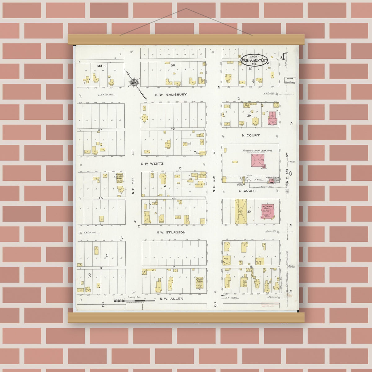 Old map wall art mockup — magnetic wood frame on brick wall — Sanborn Fire Insurance Map from Montgomery City, Montgomery County, Missouri (1917), Sheet #0004