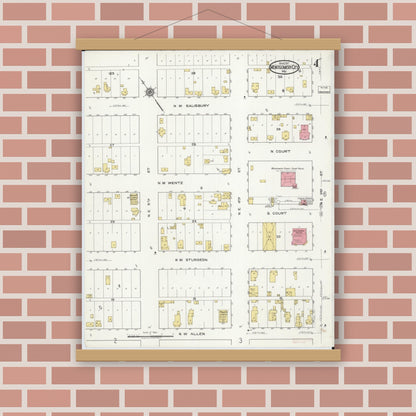 Old map wall art mockup — magnetic wood frame on brick wall — Sanborn Fire Insurance Map from Montgomery City, Montgomery County, Missouri (1917), Sheet #0004