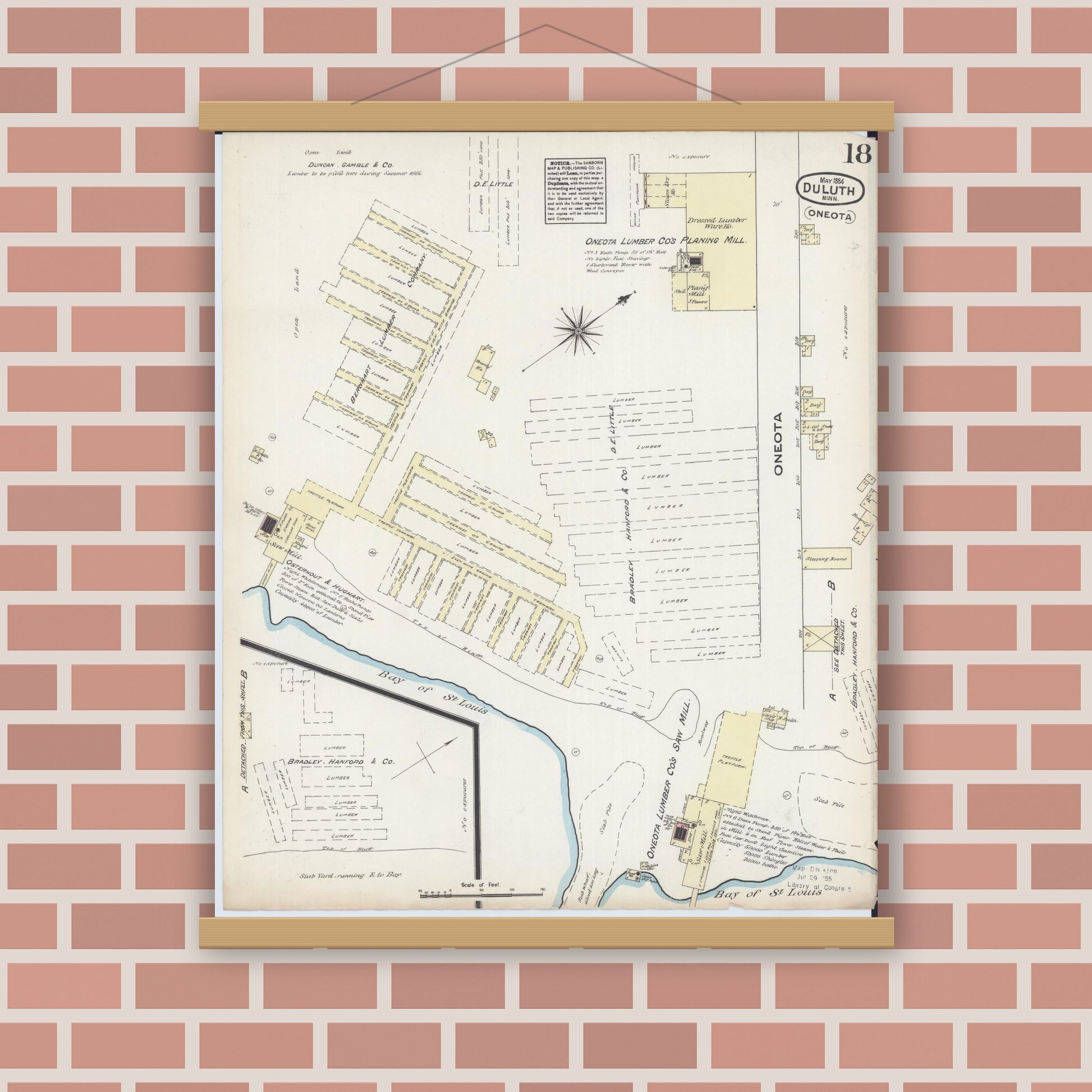 Old map wall art mockup — magnetic wood frame on brick wall — Sanborn Fire Insurance Map from Duluth, Saint Louis County, Minnesota (1884), Sheet #0018