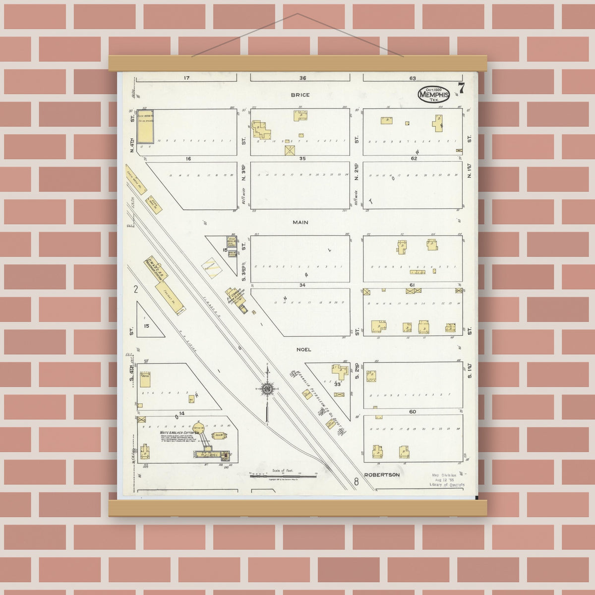 Old map wall art mockup — magnetic wood frame on brick wall — Sanborn Fire Insurance Map from Memphis, Hall County, Texas (1920), Sheet #0007