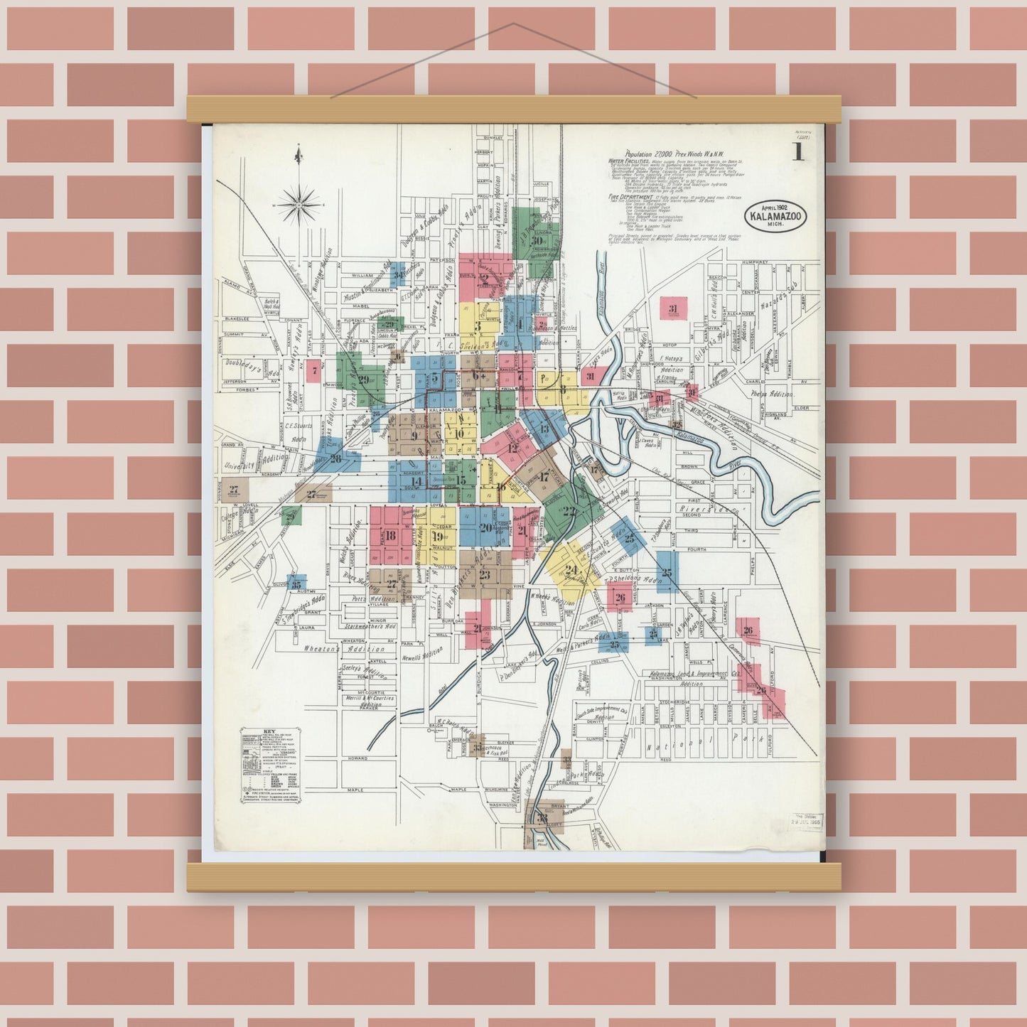 Old map wall art mockup — magnetic wood frame on brick wall — Sanborn Fire Insurance Map from Kalamazoo, Kalamazoo County, Michigan (1902) - Complete Map Set