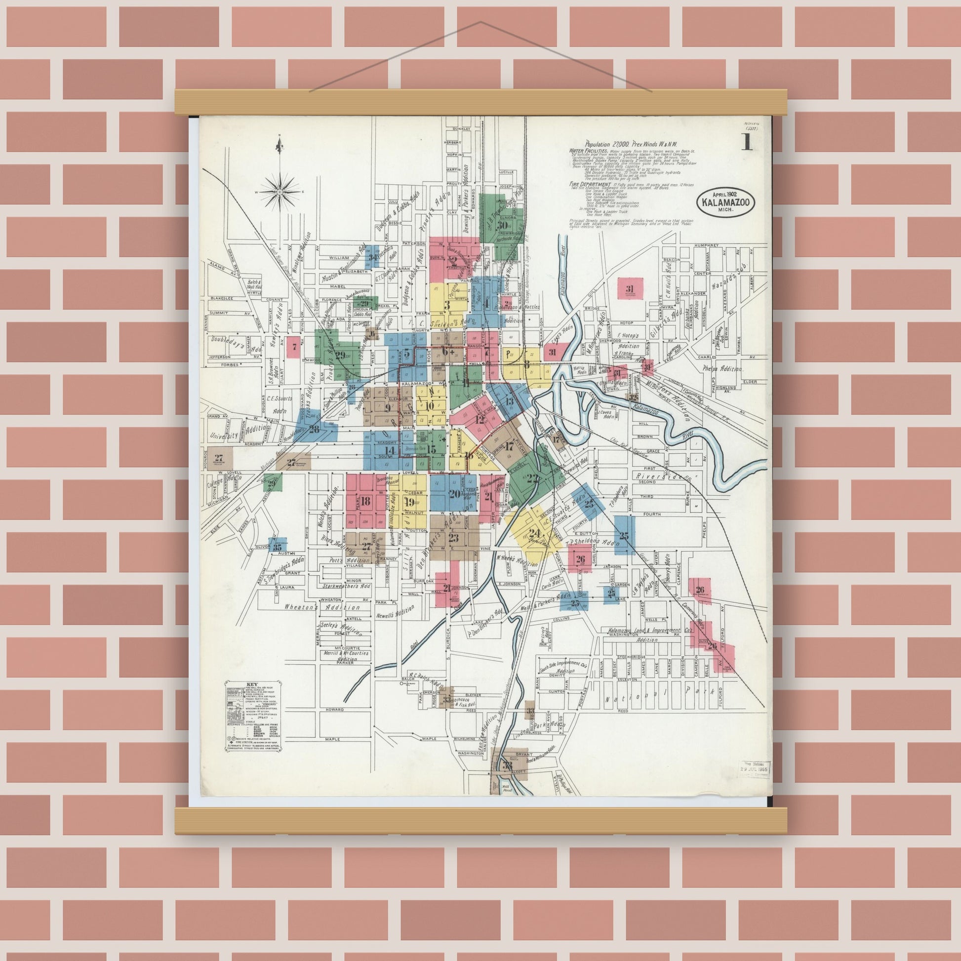 Old map wall art mockup — magnetic wood frame on brick wall — Sanborn Fire Insurance Map from Kalamazoo, Kalamazoo County, Michigan (1902) - Complete Map Set
