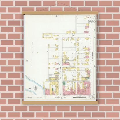 Old map wall art mockup — magnetic wood frame on brick wall — Sanborn Fire Insurance Map from Findlay, Hancock County, Ohio (1901), Sheet #0016