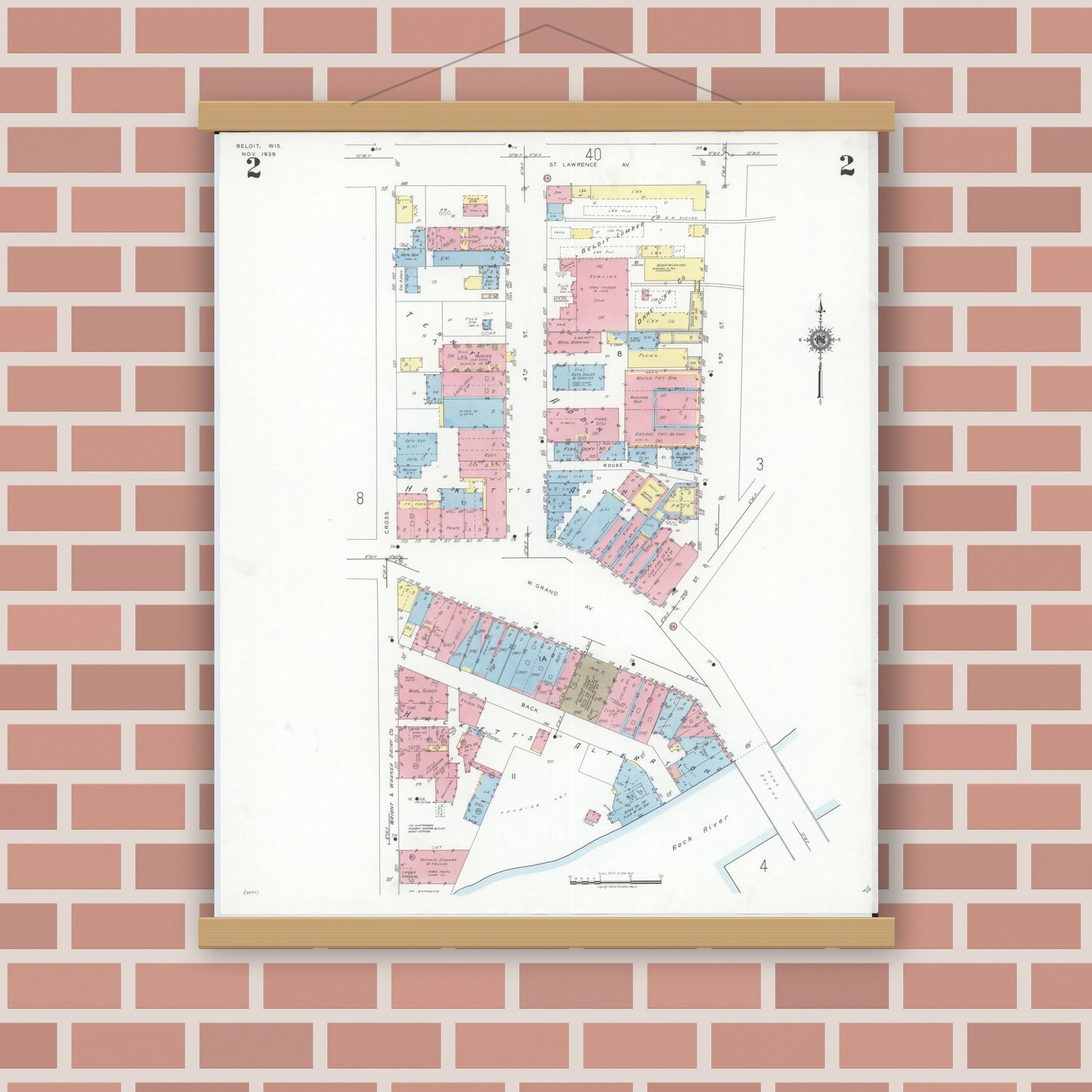 Old map wall art mockup — magnetic wood frame on brick wall — Sanborn Fire Insurance Map from Beloit, Rock County, Wisconsin (1939) - Complete Map Set