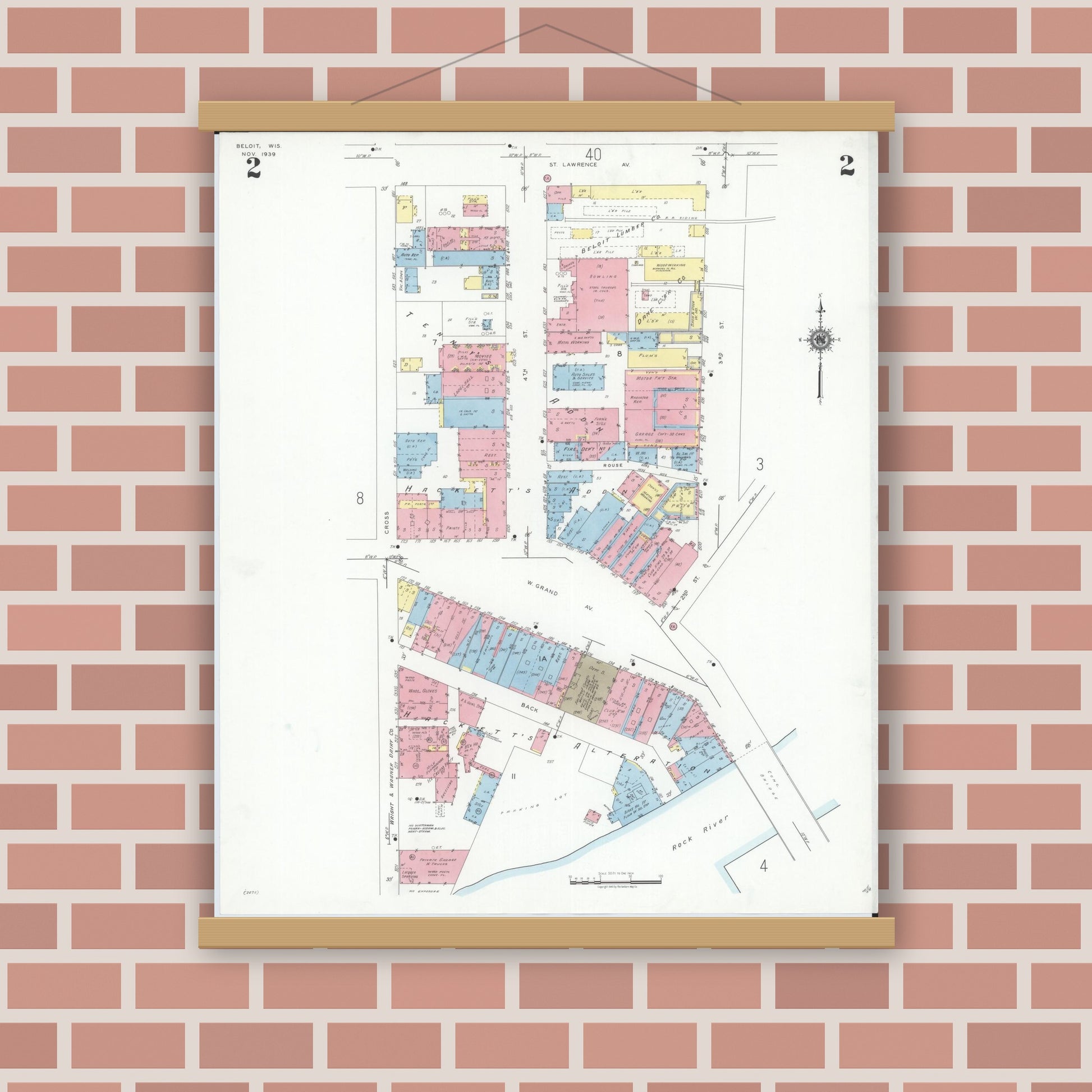 Old map wall art mockup — magnetic wood frame on brick wall — Sanborn Fire Insurance Map from Beloit, Rock County, Wisconsin (1939) - Complete Map Set