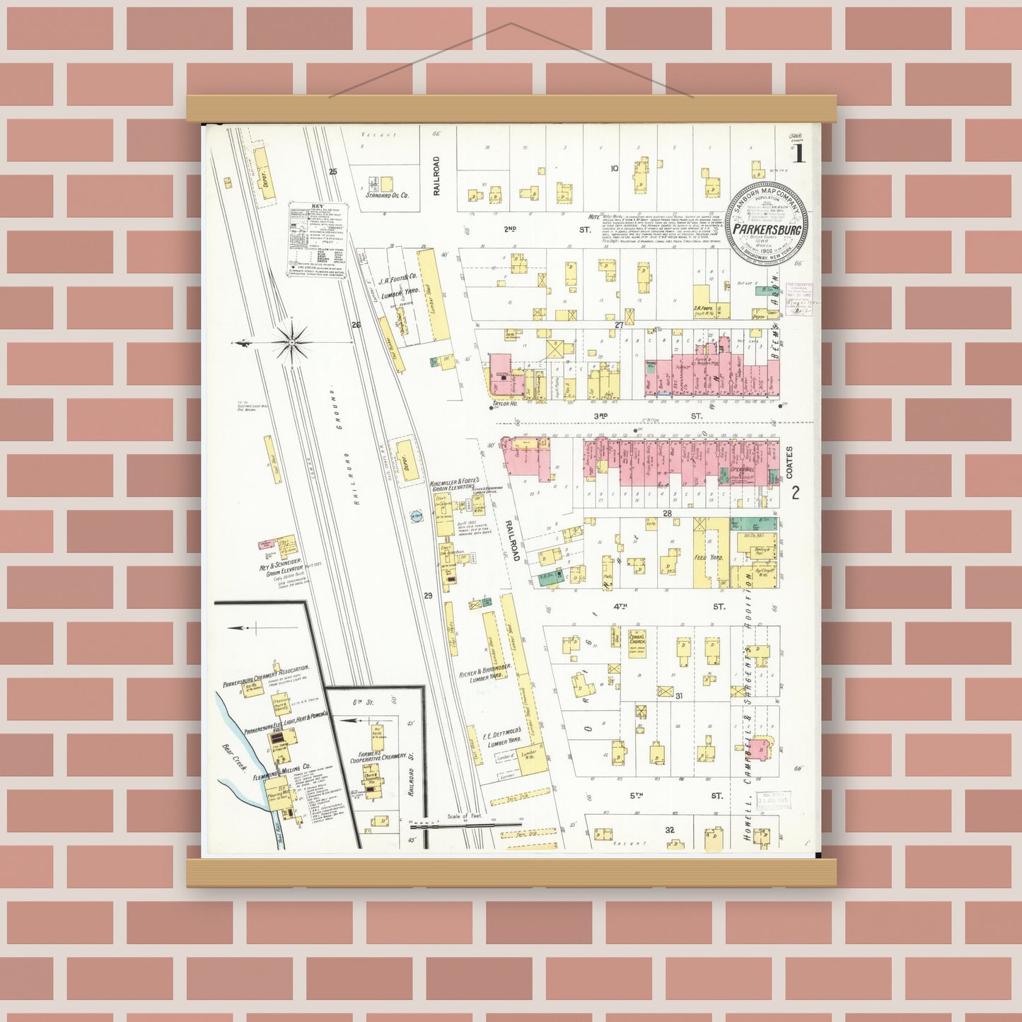 Old map wall art mockup — magnetic wood frame on brick wall — Sanborn Fire Insurance Map from Parkersburg, Butler County, Iowa (1902), Sheet #0001