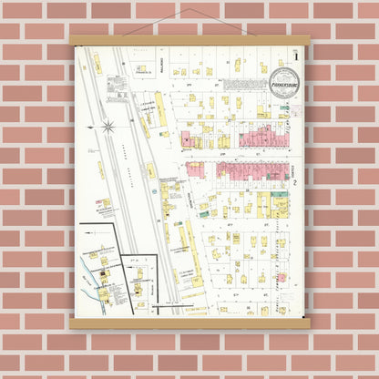 Old map wall art mockup — magnetic wood frame on brick wall — Sanborn Fire Insurance Map from Parkersburg, Butler County, Iowa (1902), Sheet #0001