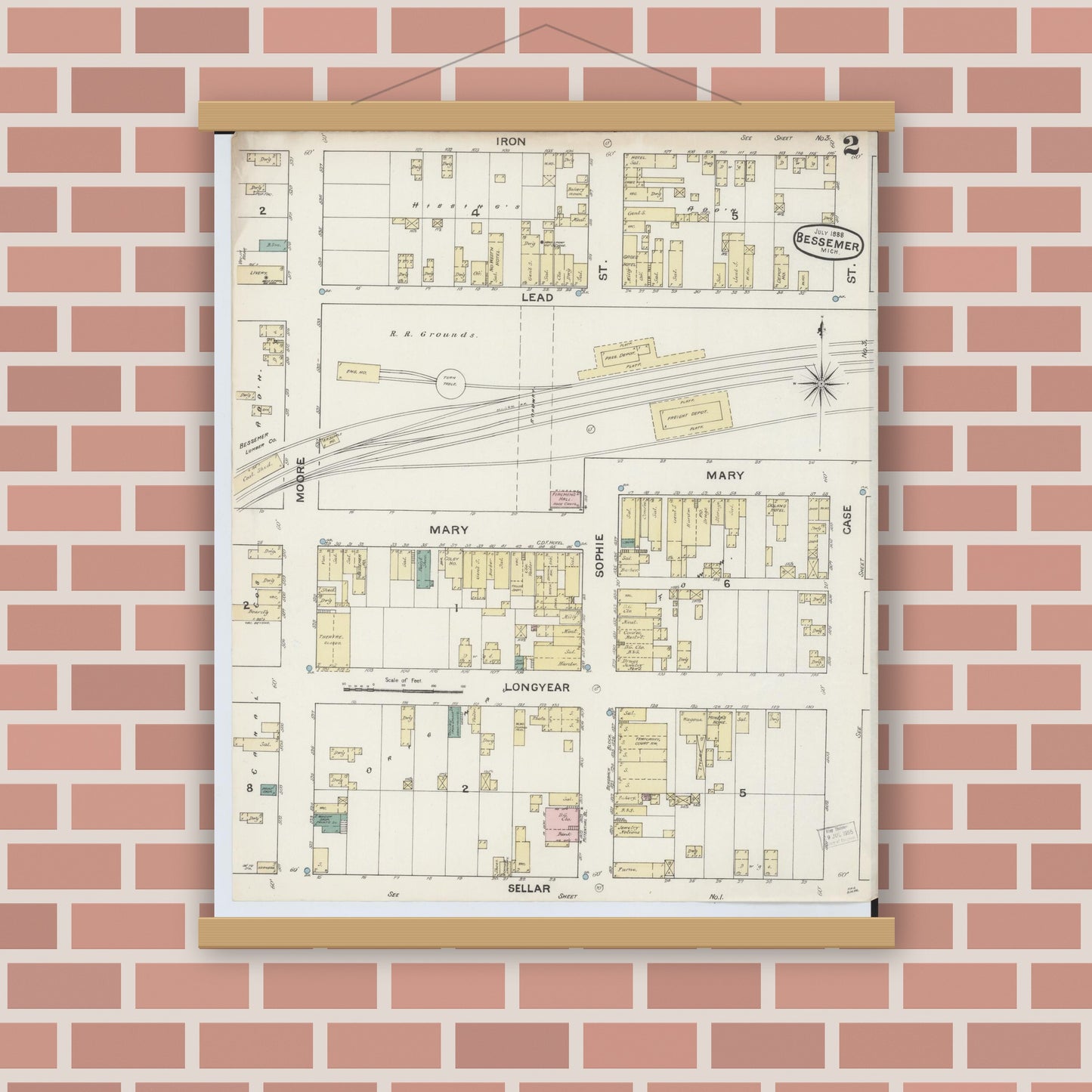Old map wall art mockup — magnetic wood frame on brick wall — Sanborn Fire Insurance Map from Bessemer, Gogebic County, Michigan (1888), Sheet #0002
