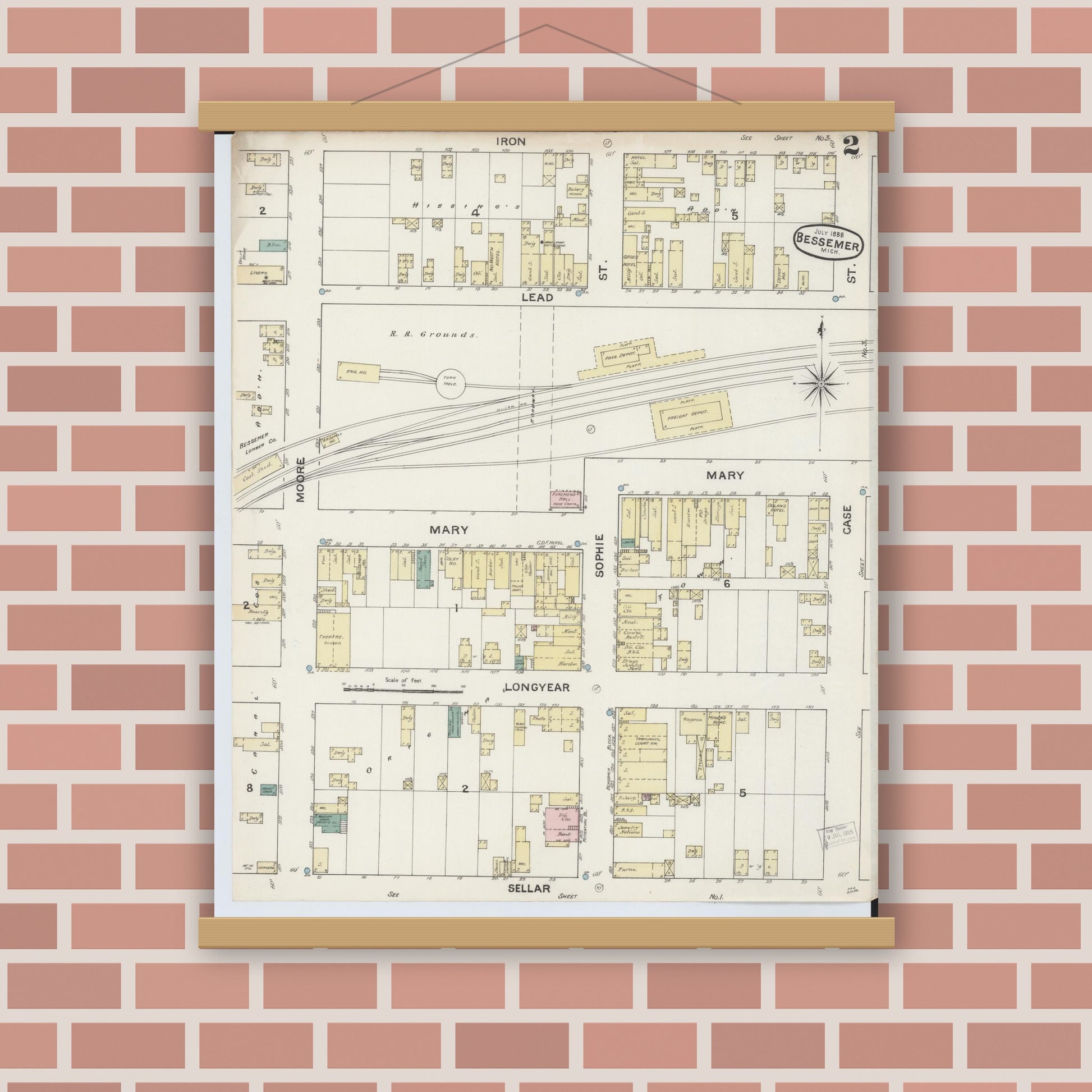 Old map wall art mockup — magnetic wood frame on brick wall — Sanborn Fire Insurance Map from Bessemer, Gogebic County, Michigan (1888), Sheet #0002