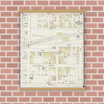 Old map wall art mockup — magnetic wood frame on brick wall — Sanborn Fire Insurance Map from Bessemer, Gogebic County, Michigan (1888), Sheet #0002