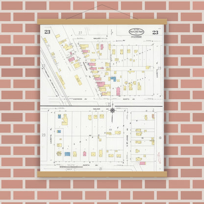 Old map wall art mockup — magnetic wood frame on brick wall — Sanborn Fire Insurance Map from Highland Park, Lake County, Illinois (1924), Sheet #0023
