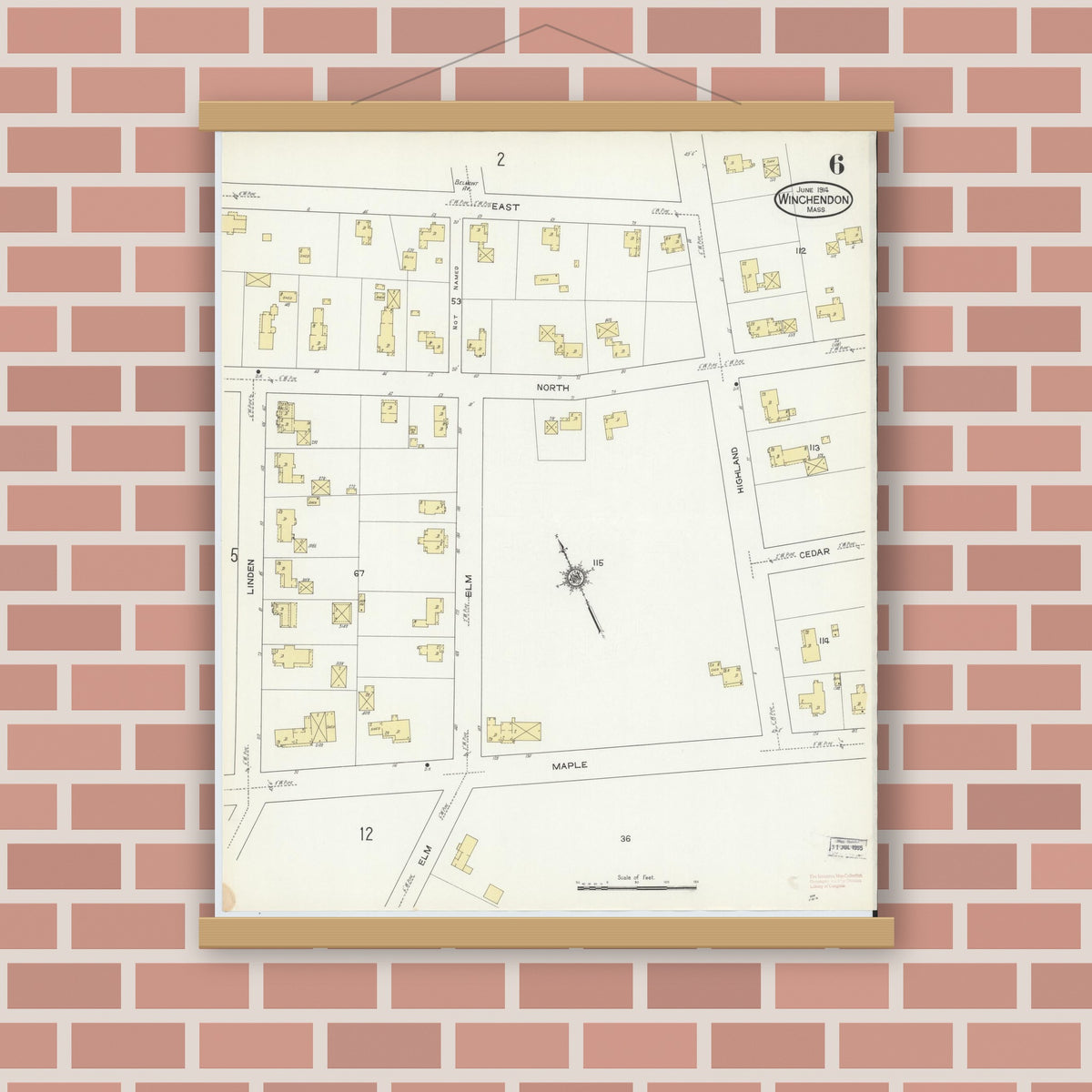 Old map wall art mockup — magnetic wood frame on brick wall — Sanborn Fire Insurance Map from Winchendon, Worcester County, Massachusetts (1914), Sheet #0006