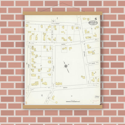 Old map wall art mockup — magnetic wood frame on brick wall — Sanborn Fire Insurance Map from Winchendon, Worcester County, Massachusetts (1914), Sheet #0006