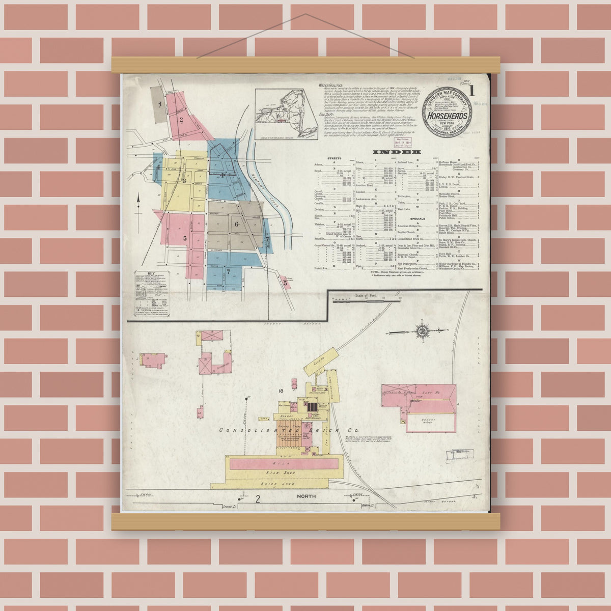 Old map wall art mockup — magnetic wood frame on brick wall — Sanborn Fire Insurance Map from Horseheads, Chemung County, New York (1914), Sheet #0001