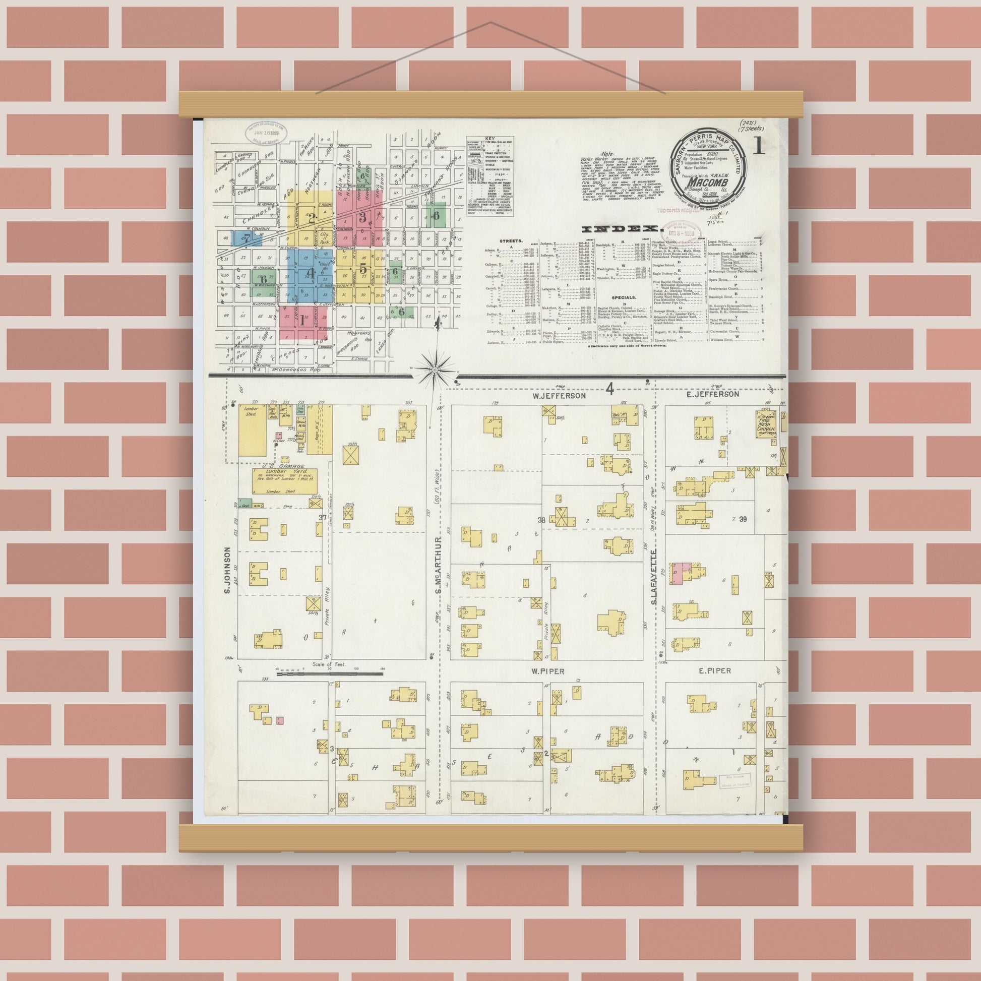 Old map wall art mockup — magnetic wood frame on brick wall — Sanborn Fire Insurance Map from Macomb, Mcdonough County, Illinois (1898) - Complete Map Set