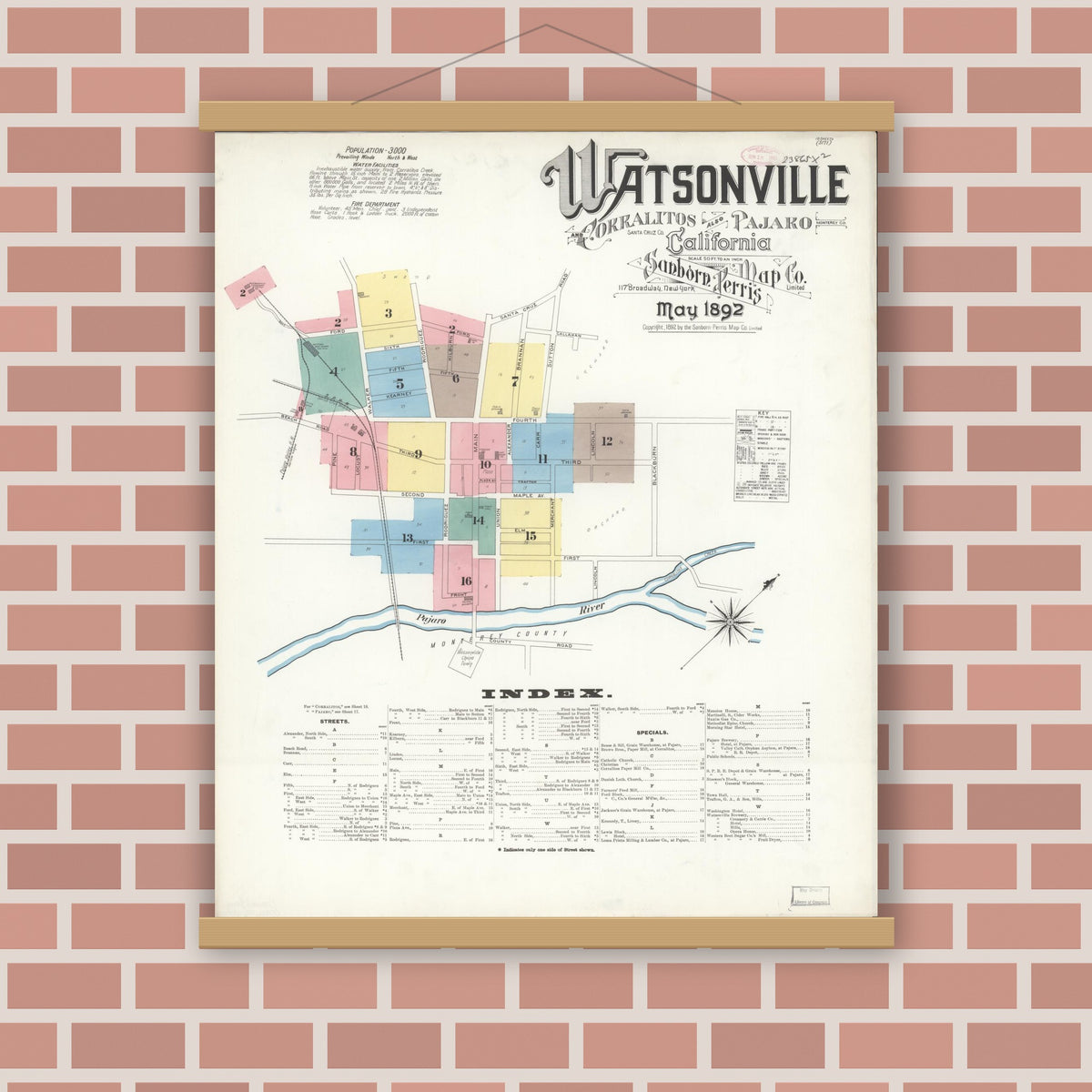 Old map wall art mockup — magnetic wood frame on brick wall — Sanborn Fire Insurance Map from Watsonville, Santa Cruz County, California (1892) - Complete Map Set
