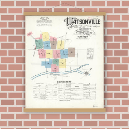 Old map wall art mockup — magnetic wood frame on brick wall — Sanborn Fire Insurance Map from Watsonville, Santa Cruz County, California (1892) - Complete Map Set