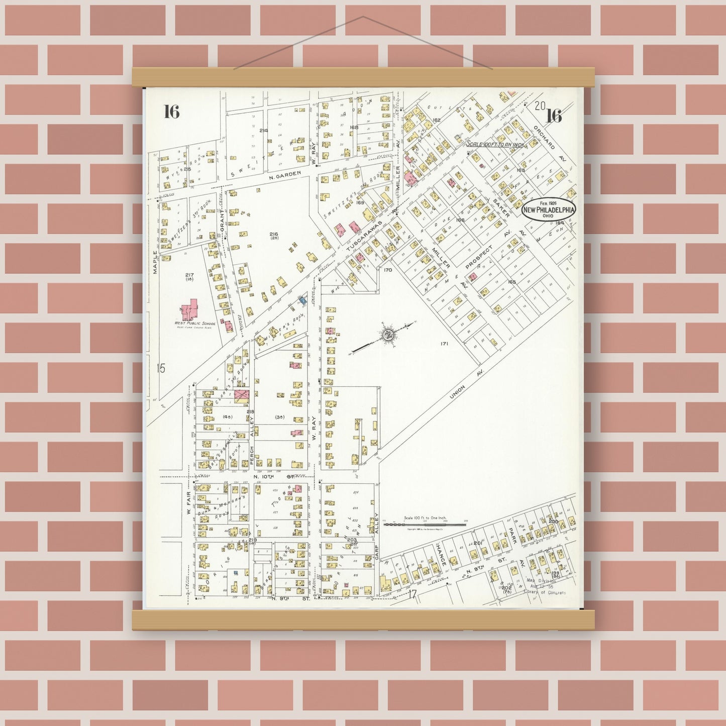 Old map wall art mockup — magnetic wood frame on brick wall — Sanborn Fire Insurance Map from New Philadelphia, Tuscarawas County, Ohio (1926), Sheet #0016