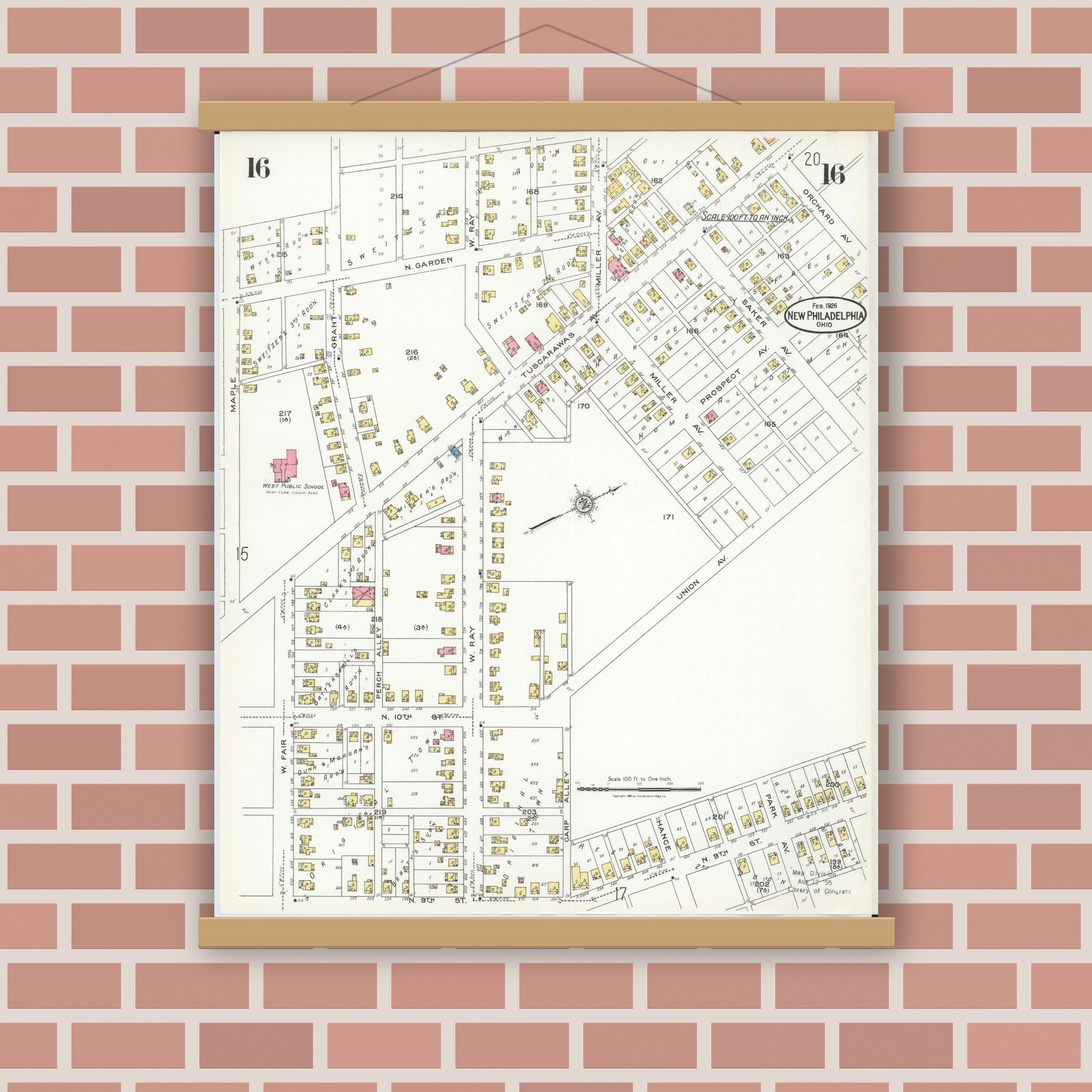 Old map wall art mockup — magnetic wood frame on brick wall — Sanborn Fire Insurance Map from New Philadelphia, Tuscarawas County, Ohio (1926), Sheet #0016