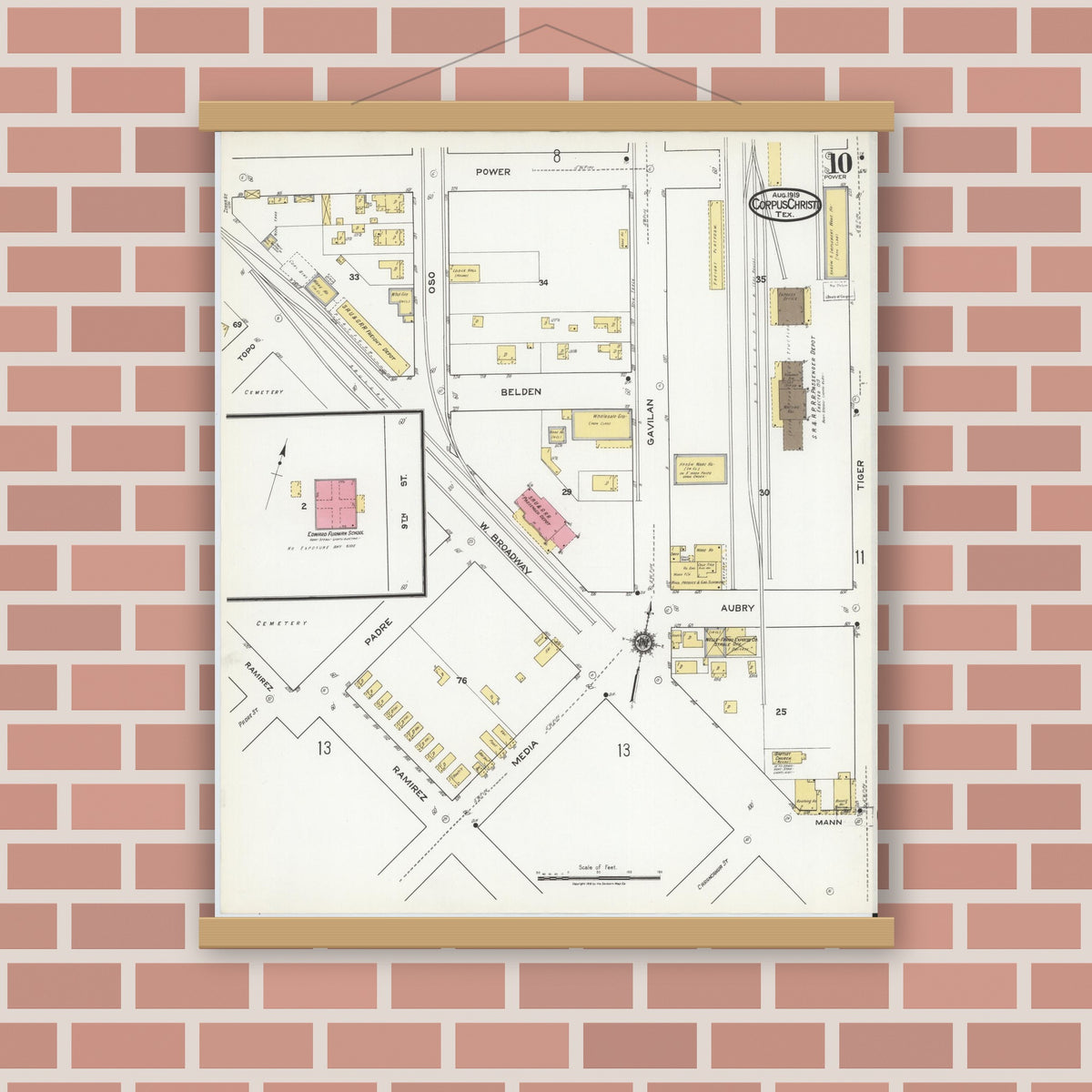 Old map wall art mockup — magnetic wood frame on brick wall — Sanborn Fire Insurance Map from Corpus Christi, Nueces County, Texas (1919), Sheet #0010