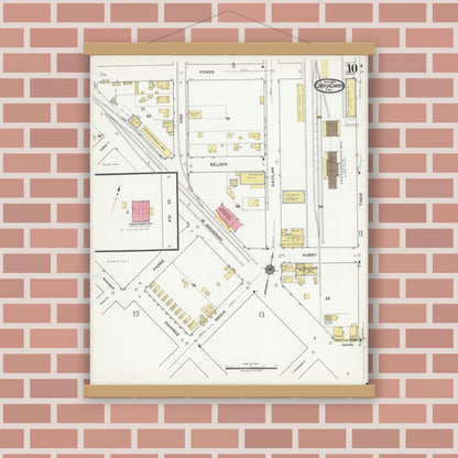 Old map wall art mockup — magnetic wood frame on brick wall — Sanborn Fire Insurance Map from Corpus Christi, Nueces County, Texas (1919), Sheet #0010