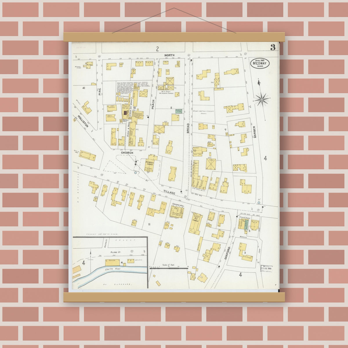 Old map wall art mockup — magnetic wood frame on brick wall — Sanborn Fire Insurance Map from Medway, Norfolk County, Massachusetts (1903), Sheet #0003