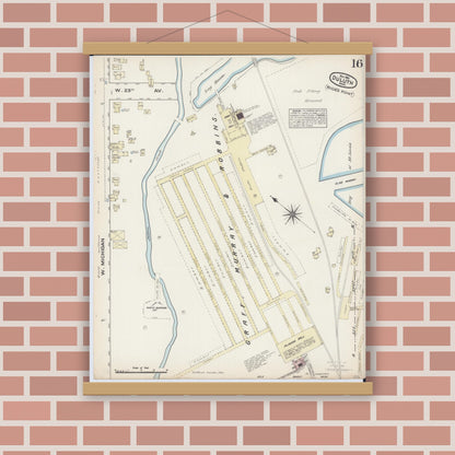 Old map wall art mockup — magnetic wood frame on brick wall — Sanborn Fire Insurance Map from Duluth, Saint Louis County, Minnesota (1884), Sheet #0016