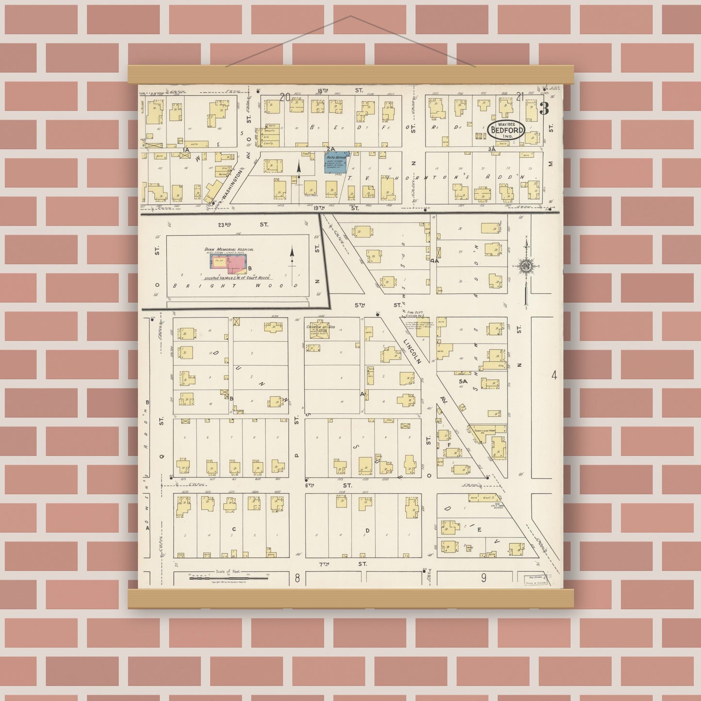 Old map wall art mockup — magnetic wood frame on brick wall — Sanborn Fire Insurance Map from Bedford, Lawrence County, Indiana (1922), Sheet #0003