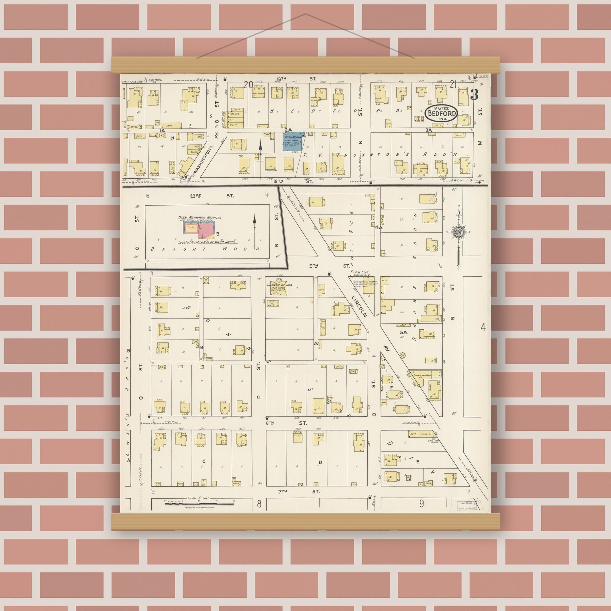 Old map wall art mockup — magnetic wood frame on brick wall — Sanborn Fire Insurance Map from Bedford, Lawrence County, Indiana (1922), Sheet #0003
