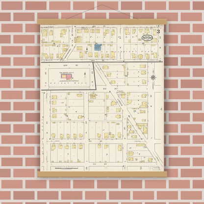 Old map wall art mockup — magnetic wood frame on brick wall — Sanborn Fire Insurance Map from Bedford, Lawrence County, Indiana (1922), Sheet #0003