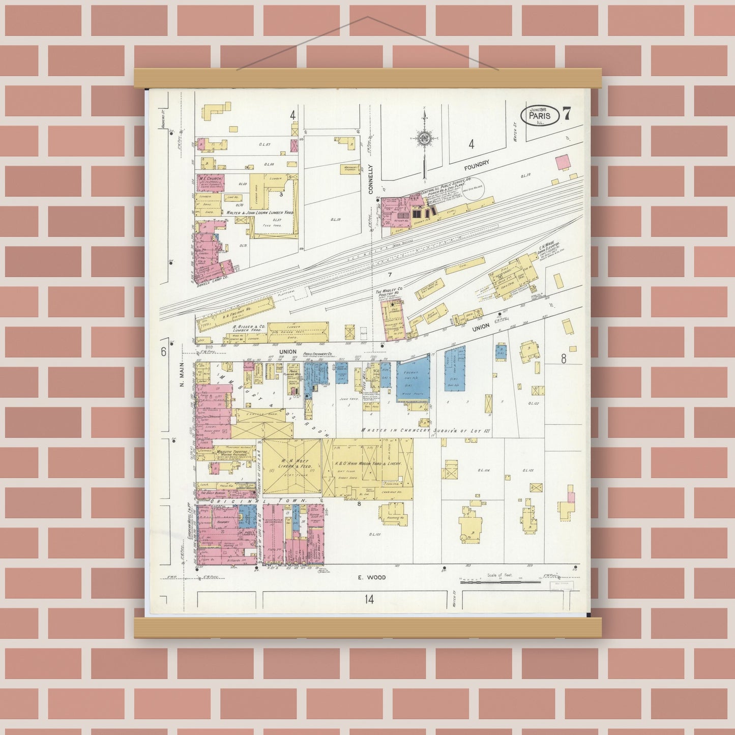 Old map wall art mockup — magnetic wood frame on brick wall — Sanborn Fire Insurance Map from Paris, Edgar County, Illinois (1916), Sheet #0007