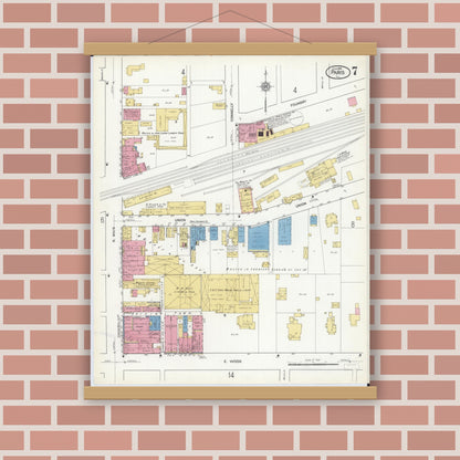 Old map wall art mockup — magnetic wood frame on brick wall — Sanborn Fire Insurance Map from Paris, Edgar County, Illinois (1916), Sheet #0007