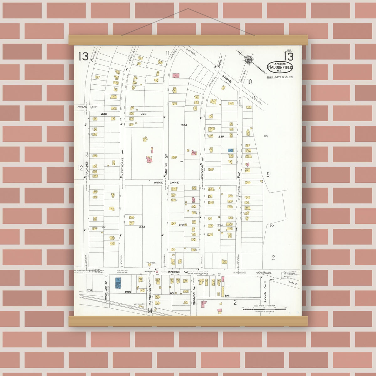 Old map wall art mockup — magnetic wood frame on brick wall — Sanborn Fire Insurance Map from Haddonfield, Camden County, New Jersey (1923), Sheet #0013