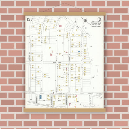 Old map wall art mockup — magnetic wood frame on brick wall — Sanborn Fire Insurance Map from Haddonfield, Camden County, New Jersey (1923), Sheet #0013