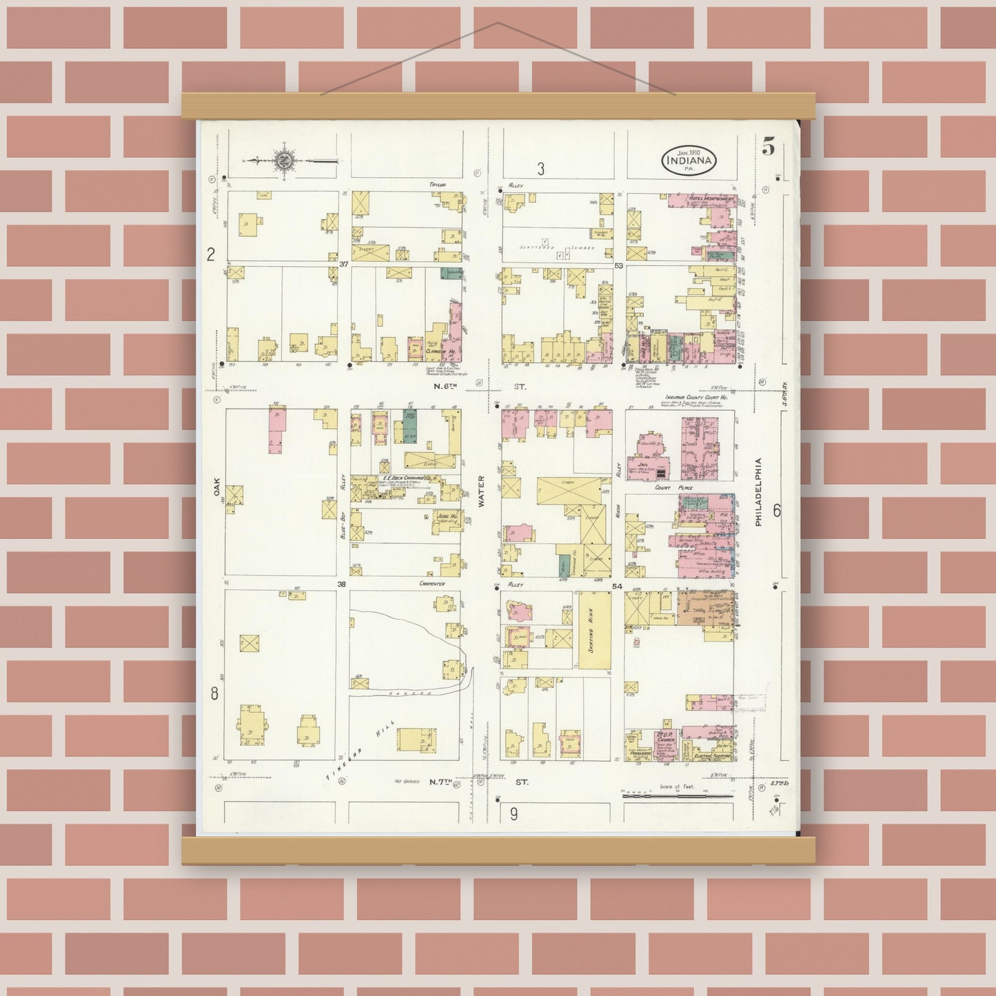 Old map wall art mockup — magnetic wood frame on brick wall — Sanborn Fire Insurance Map from Indiana, Indiana County, Pennsylvania (1910), Sheet #0005