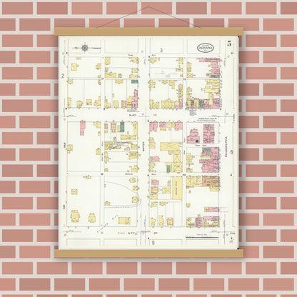 Old map wall art mockup — magnetic wood frame on brick wall — Sanborn Fire Insurance Map from Indiana, Indiana County, Pennsylvania (1910), Sheet #0005