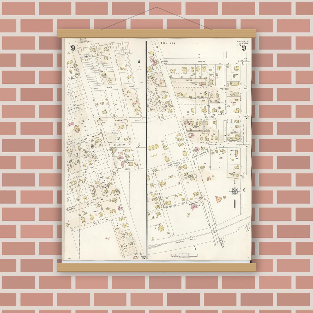 Old map wall art mockup — magnetic wood frame on brick wall — Sanborn Fire Insurance Map from Conroe, Montgomery County, Texas (1943), Sheet #0009